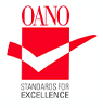 Oano logo - red and white checkmark going across a red box